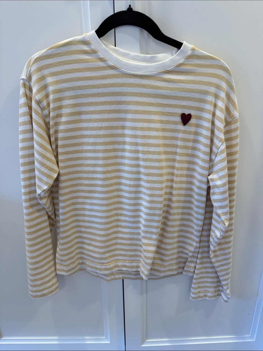 ZARA Kids Long-Sleeve Striped Tee with Heart Patch - Cream/White- size 13-14